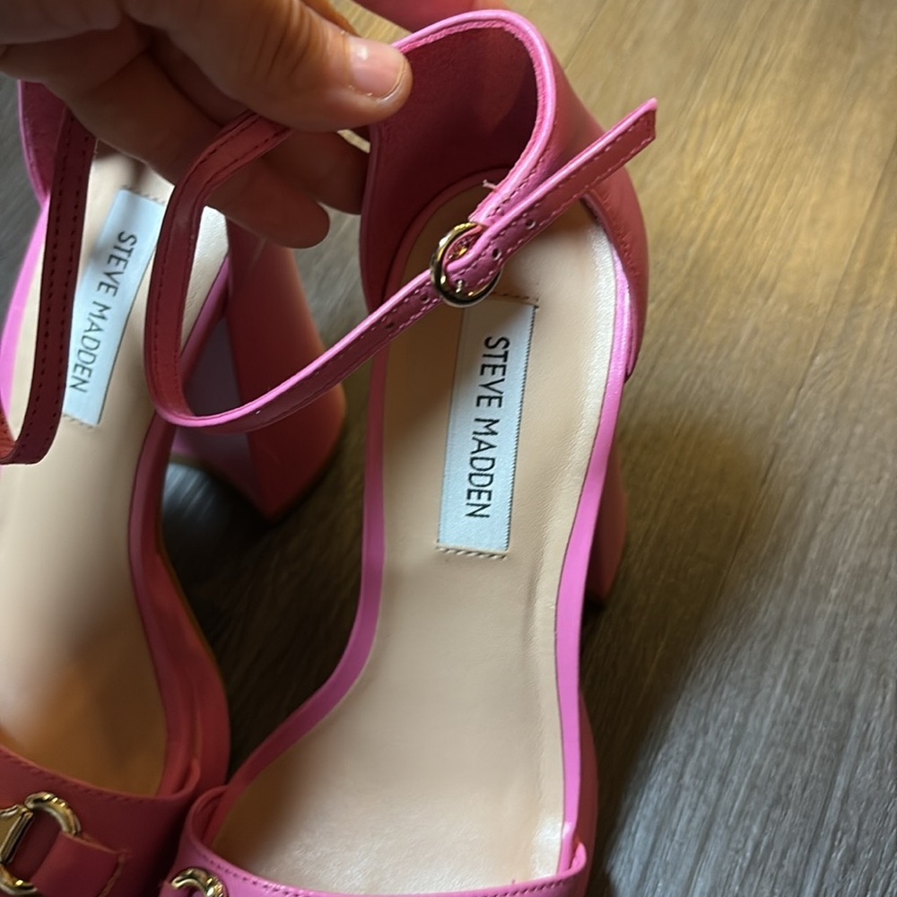 Steve Madden leather horsebit platform pink chunky square toe heels size 8.5 new - Picture 4 of 9